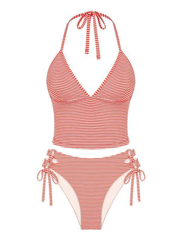 lot 4605 image: seamoly Womens Tankinis Striped Halter Tied Tank Top & Lace Up Side Hipster Bottom Tankini Set,Red,L - Retail $43