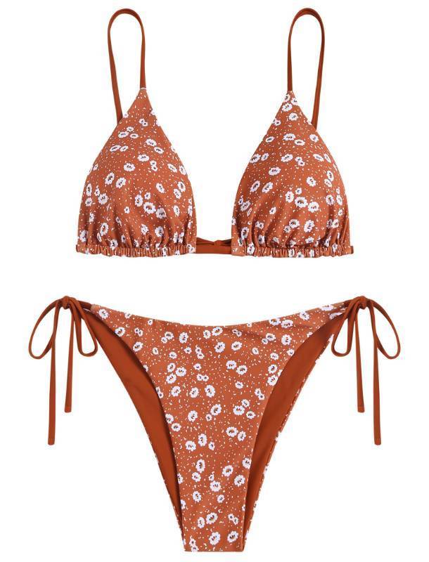lot 4652 image: ZAFUL Womens Triangle Bikini Floral String Bikini Set Two Piece Swimsuit Bathing Suits (2-Brown, S) - Retail $39