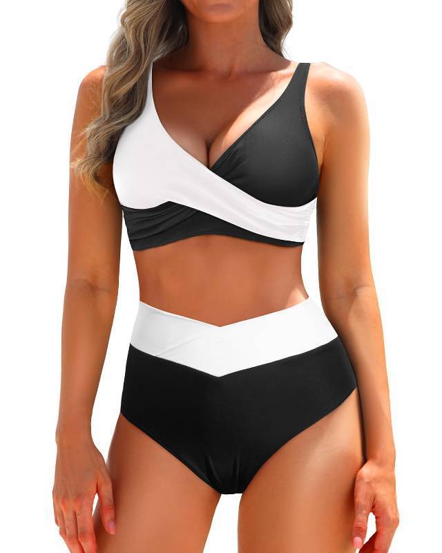 lot 4663 image: Aqua Eve Women High Waisted Bikini Twist Front Swimsuits Lace up Bikini Tops Ruched Push up 2 Piece Bathing Suits Black and White Splicing Medium - Retail $28