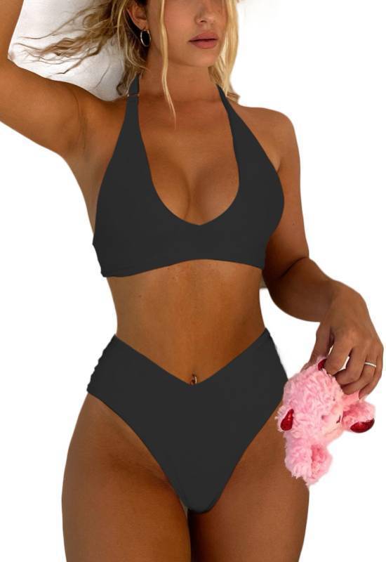lot 4716 image: Syshrendy Women Push Up Halter Bikini Set Two Piece V Neck Bathing Suits High Cut Thong Bikini Swimsuit(Black,M) - Retail $30
