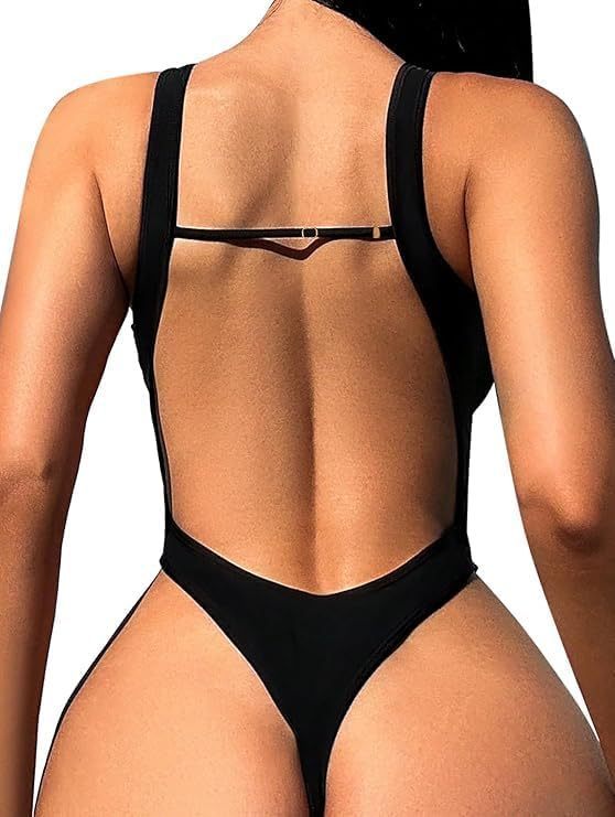 lot 4795 image: Foxiny Sexy Backless Cheeky High Cut Leg Thong V Neck One Piece Swimsuit Women Tummy Control Brazilian Open Back Bathing Suit Bikini Black Large - Retail $36