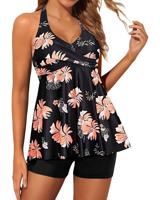 lot 4891 image: Yonique Two Piece Tankini Swimsuits for Women with Shorts Halter V Neck Bathing Suits Flowy Twist Front Swimwear Pink XS - Retail $28