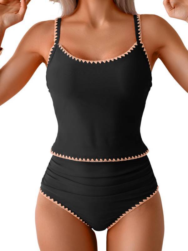 lot 4892 image: Eomenie Tankini Swimsuit for Women Tummy Control Ruched Two Piece Bathing Suits High Waisted Shell Stitch Swimwear, 2X - Retail $39