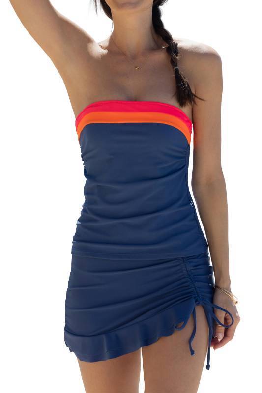 lot 4903 image: Beachsissi Bandeau Swimsuits for Women Strapless Swimwear Bathing Suits Tummy Control Color Block Tankini Skirt Sets, Navy, XL - Retail $40
