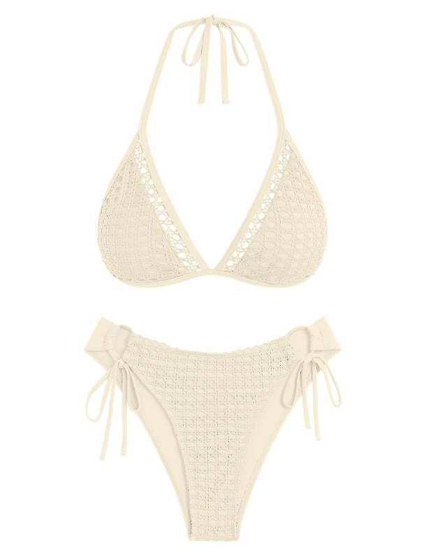 lot 4906 image: AFUL Womens Halter Triangle Bikini Set Crochet Boho Floral Swimsuit Cut Out Tie Side Two Piece Bathing Suit Apricot L - Retail $28