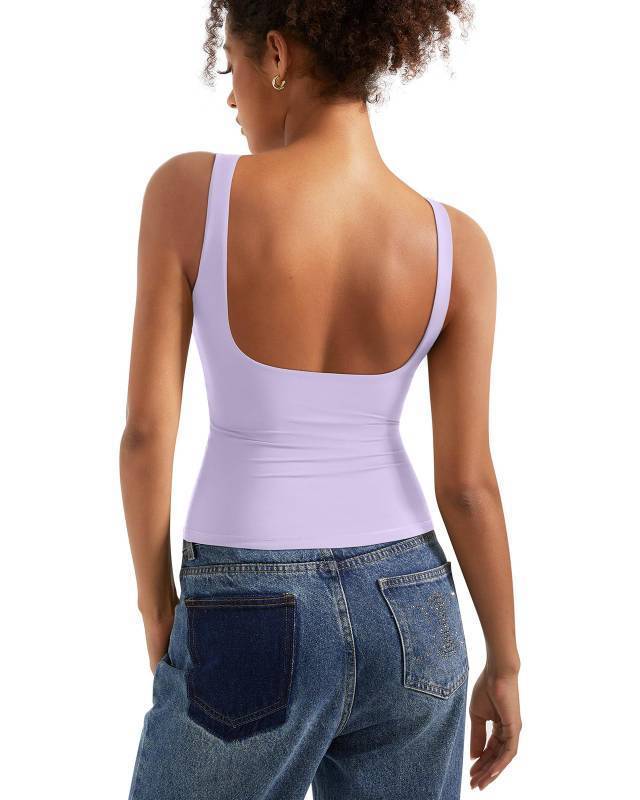 lot 4931 image: SUUKSESS Women Built in Bra Open Back Boat Neck Tank Tops Double Lined Backless Y2K Going Out Top Basic Shirt (Light Purple,L) - Retail $20
