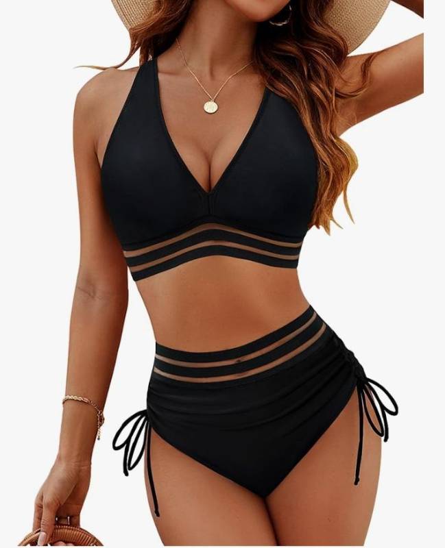 lot 4957 image: Blooming Jelly Womens High Waisted Bikini Tummy Control Swimsuits Two Piece Drawstring Bathing Suit (M, NAVY BLUE Mesh) - Retail $33