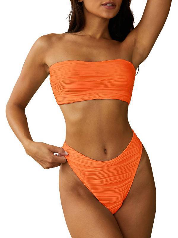 lot 4969 image: ZAFUL Women Strapless Wave Bandeau Bikini 2 Piece Swimwear Cheeky Solid Lace up Bathing Suits(1-Orange,L) - Retail $36