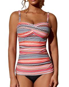 lot 4107 image: Shuangyu Womens Ruched Tankini Swimsuit Front Shirred Tummy Control Bandeau Two Piece Bathing Suit Pointed Diamond-Black XL - Retail $47