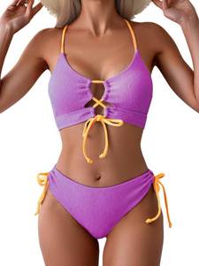 lot 4115 image: B2prity Tie Bikini Top Set Sexy Push Up 2 Piece Swimsuit Color Block Bathing Suit Full Coverage Swimwear for Curvy Women Small - Retail $98