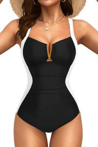 lot 4116 image: Tempt Me Black and White Women One Piece Swimsuits - Tummy Control Bathing Suits Ruched Slimming Swimwear V Wired Push Up Swim Suit 2025 XL - Retail $34