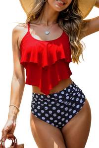 lot 4120 image: Womens High Waisted Bathing Suits Flounce Halter Tank Top Bikini Bottoms Tummy Control Modest Swimwear Two Piece Swimsuits Tankini Red Polka L - Retail $31