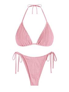 lot 4131 image: ZAFUL Textured Halter Bikini for Women 2 Piece Triangle Bikini Sets Sexy High Cut Bathing Suit Side Tie Swimsuits Pink S - Retail $38