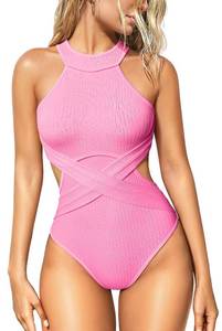 lot 4135 image: OQQ Womens One Piece Swimsuits Tummy Control High Waisted Cross Bathing Suit Wrap Tie Back 1 Piece Swimwear Fluo Pink Large - Retail $36