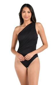 lot 4148 image: La Blanca Womens Island Goddess Shirred One Shoulder One Piece Swimsuit, Black, 8