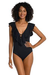lot 4156 image: La Blanca Womens Island Goddess Over The Shoulder Ruffle Plunge One Piece, Black, 8 - Retail $130