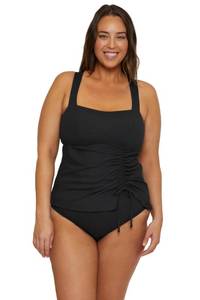 lot 4166 image: BECCA ETC. Modern Edge - Womens Plus Size Bandeau Tankini, Adjustable, Tie Back, Swimsuit Tops for Women, Black, 2X - Retail $39