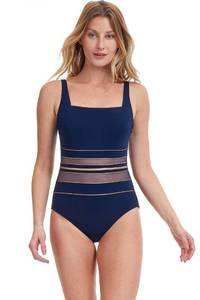 lot 4167 image: Gottex Womens Onyx Navy Gold Square Neck One Piece Swimsuit with Soft Cups, Tummy Control and Back Lining Swim Essential Size- 8 - Retail $33