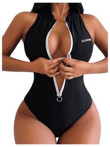lot 4169 image: WDIRARA Womens Zip Front One Piece Swimsuit Letter Print Bathing Suits Sleeveless Racer Back Swimwear Black X-Large - Retail $36