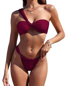 lot 4182 image: ZAFUL Womens One Shoulder Bikini Twisted Ruched High Cut Bandeau Bikini Set Two Piece Swimsuit (1-Plum Pie, S) - Retail $34