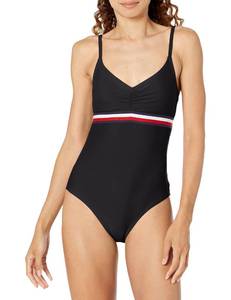 lot 4205 image: Tommy Hilfiger Womens Classic V-Neck One Piece Swimsuit, Black Multi, XXL - Retail $22