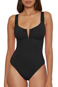 lot 4216 image: BECCA Color Code - Womens V-Wire Shirred One Piece Swimsuit, Plunge Neck, Bathing Suits for Women, Black, Small - Retail $115