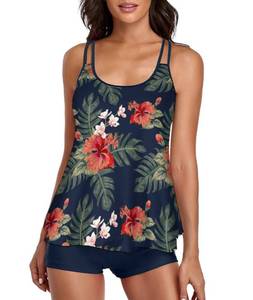 lot 4229 image: Stylish Swim Suits for Women Slimming Tankini Set Adjustable Straps 2 Piece Swimwear Tropical Hawaii Beach Pool Party Photoshoot Flattering Hides Belly Perfect for Vacation Tropical Navy L - Retail $32