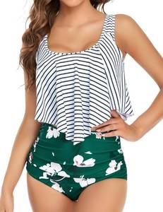 lot 4245 image: Edelqual Tankini Swimsuits for Women Plus Size Tummy Control Bathing Suit Two Piece Top Modest Full Coverage High Waisted Bikini Bottom Swimwear Set(Striped Green 2XL) - Retail $29