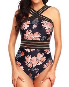 lot 4259 image: Tempt Me Women Orange Flower Crisscross One Piece Swimsuits Mesh Tummy Control Bathing Suits Front Crossover Swimwear L - Retail $61