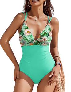 lot 4260 image: AIMAGE Womens One Piece Swimsuit 2026 Tummy Control Bathing Suit Slimming O-Ring Swim Suits Crisscross Back Swimwear,Green Floral Printed,XL - Retail $37