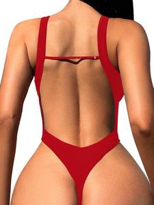 lot 4297 image: Foxiny Sexy Backless Cheeky High Cut Leg Thong V Neck One Piece Swimsuit Women Tummy Control Brazilian Open Back Bathing Suit Bikini Red Medium - Retail $36