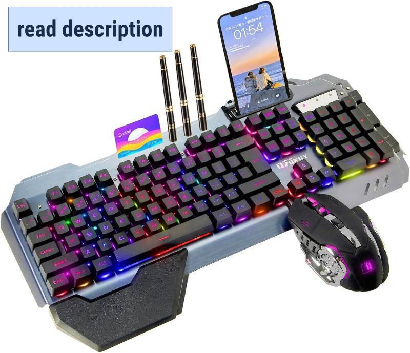 lot 331041 image: RGB Backlit Gaming Keyboard and Mouse Set   16 Lighting Modes, 2400DPI 4-Button Optical Mouse, Mouse Pad & Phone Holder   Ergonomic Wrist Support   Black