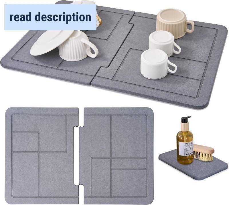 lot 331050 image: Large Stone Dish Drying Mat for Kitchen Counter, 3-Piece Set, Detachable Water Absorbing Diatomaceous Earth Drying Pad for Bottles, Dishes, and Cups (Dark Gray 24 16 &amp 8x5)