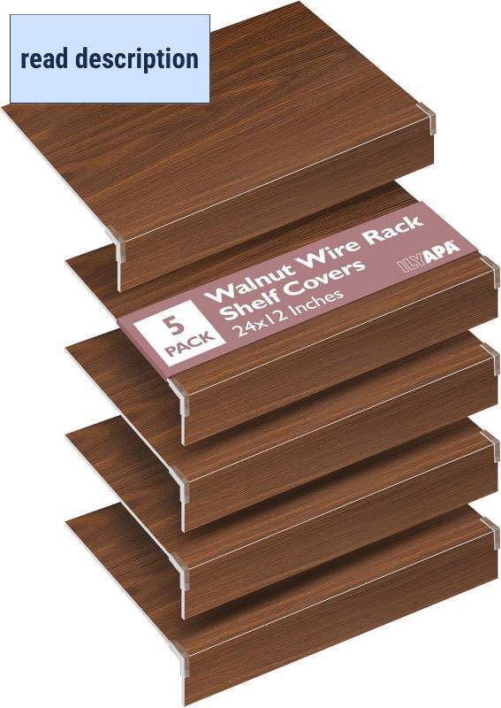 lot 431200 image: Ilyapa Wire Shelf Covers for Wire Shelving 24 x 12 in. 5 Pack PVC Faux Wood Rack Covers for Pantry, Linen Closets & Shelves, Pantry Shelf Cover - Wooden Walnut Print