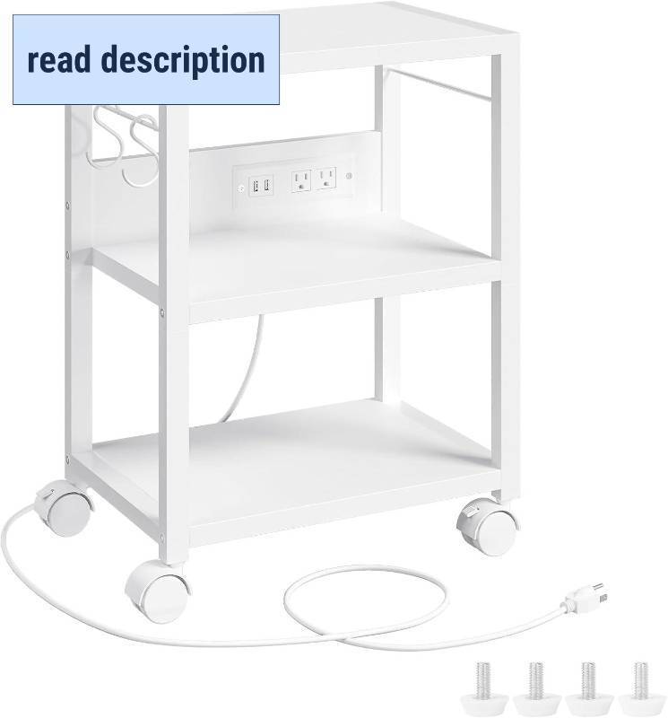 lot 431208 image: Industrial Printer Cart, 3-Tier Mobile Printer Stand, Rolling Cart with 2 AC Outlets and 2 USB Ports, Home Printer Stand with 2 Hooks, for Office, Living Room, White PTWT40E01