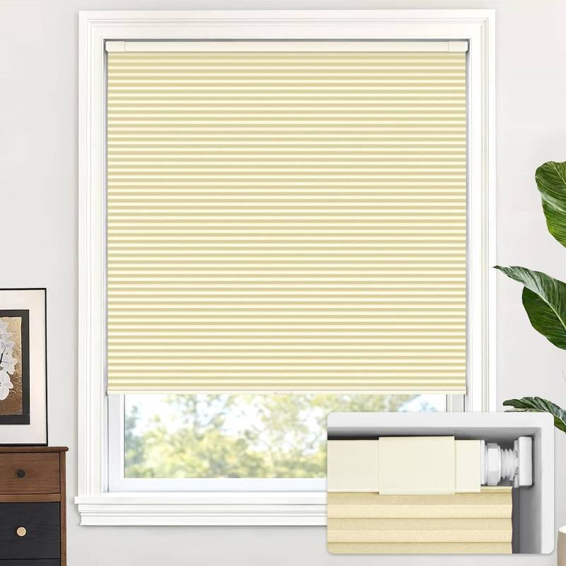 lot 431221 image: LazBlinds Cordless Cellular Shades, No Tools No Drill Blackout Honeycomb Shades Pleated Blinds for Windows, 35 W x 64 H, Soft Cream