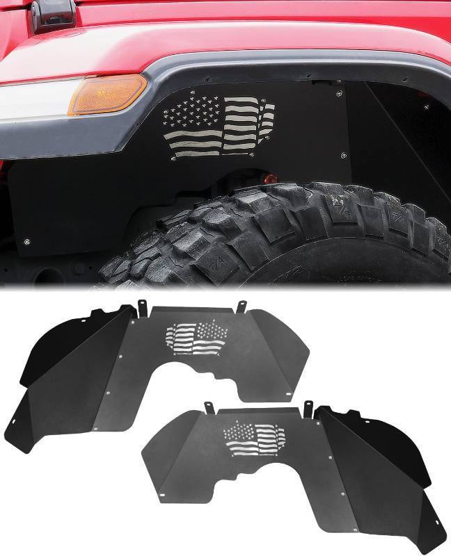 lot 121313 image: Retails for $110 ROADER JL JT Front Inner Fender Liners Wheel Cover for 2018-2024 Jeep Wrangler JL JLU Unlimited & Gladiator JT 2018-2024, US Flag Pattern Liner Bolt-on Style Steel Fender Flares Splash Mud Guards