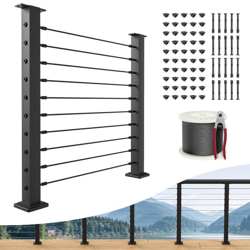 lot 121329 image: Retails for $150 BLIKA Complete Set 36 Cable Railing Post Kit(Post 35x2x2), Black Level Drilled Cable Railing Post, Swageless Deck Railing System Kit Include 2Pack Level Posts,18 Stainless Cable(No Handrail)