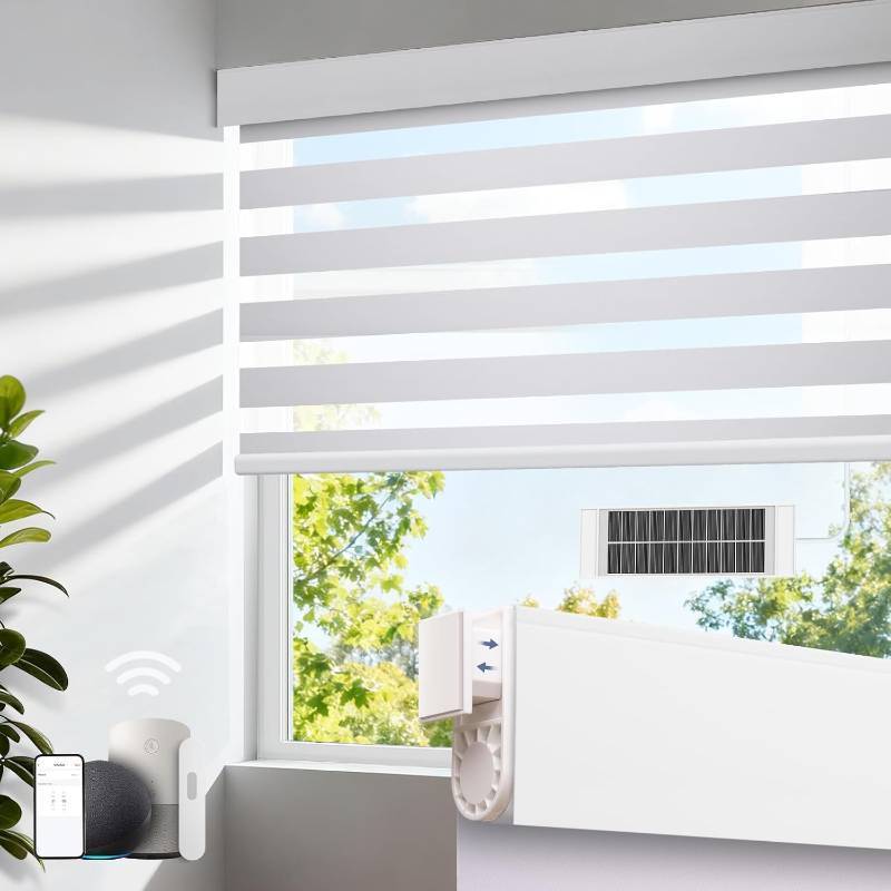 lot 121330 image: Retails for $125 Motorized Zebra Blinds with Remote, No Drill Cordless Roller Shades, Equipped with Solar Panels, 50%-75% Blackout, Compatible with Alexa, Google, Electric Blinds for White 35.50 W x 72 H