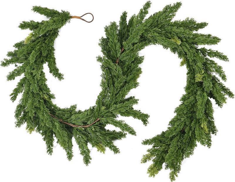 lot 421264 image: 6.2FT Christmas Cedar Garland Artificial Real Touch Greenery with Thick and Lush Soft Pine Needles, Realistic Faux Green Garlands for Mantle Fireplace Table Indoor Outdoor Christmas Decorations