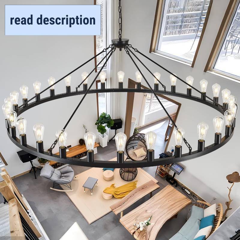 lot 211323 image: Retails for $400 Large black wagon wheel chandelier 64 inch,30-Light Farmhouse wagon Wheel Chandeliers Round Industrial ceiling light fixtures for outdoor porch high ceilings Living Dining Room Foyer Entryway