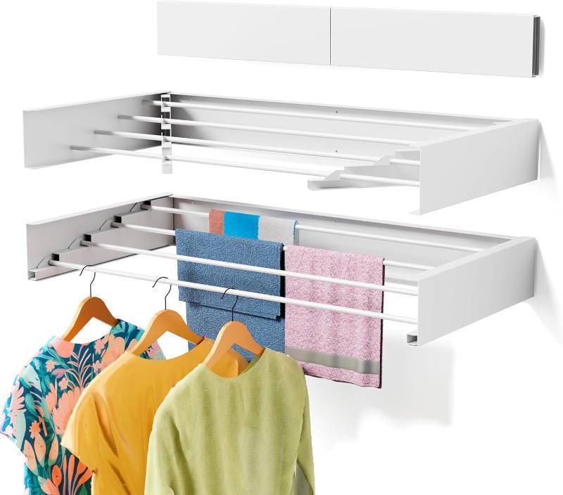 lot 211328 image: Laundry Drying Rack Collapsible, Wall Mounted Clothes, Retractable Wall Drying Rack, 23.6 Wide, 4 Aluminum Rods, Max 60 lb Capacity (White, 23.6)
