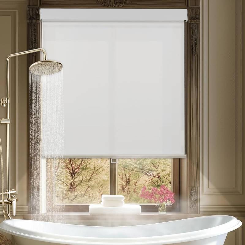 lot 211333 image: HESTIA No Drill Cordless Blackout Roller Shades with Valance Waterproof Privacy Blinds for Shower Window, Screwless UV Protection Fabric for BathroomKitchenOfficeExterior, White, 23 W X 36 H