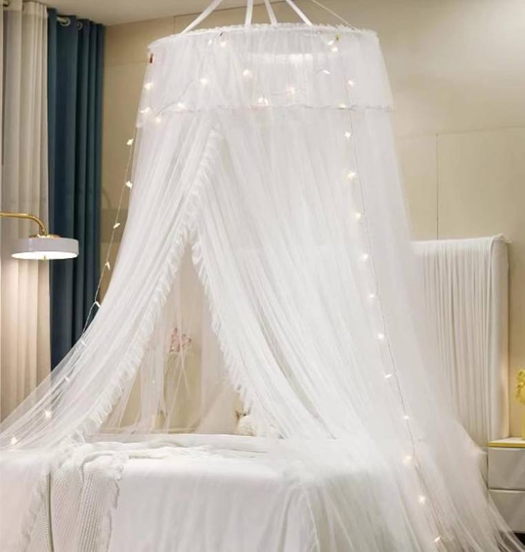 lot 311248 image: VETHIN Princess Bed Canopy for Girls Double Layer Sheer Mesh Dome Elegant Lace Mosquito Net Bed Curtain for Full Queen King Bed with led Stars String Lights(WhiteWhite)