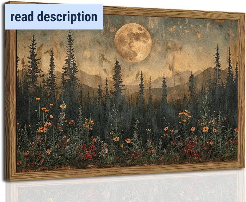 lot 411212 image: Vintage Nature Forest Wall Art Dark Moon Landscape Painting Wall Decor Woodland Picture Artwork 3D Textured Hand Drawn Sandstone for Farmhouse Bedroom Living Room 24x36 inch Wood Framed