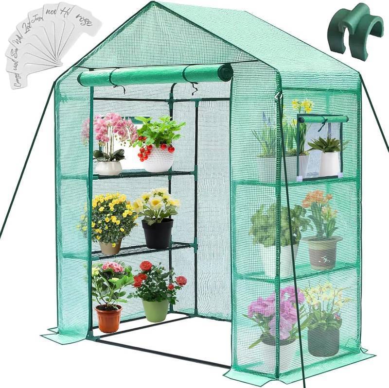 lot 231273 image: Greengro Greenhouse, 28 x 57 x 76 Greenhouses for Outdoors, Small Plant Green House with Screen Windows, 3 Tiers 4 Shelves, Durable PE Cover, Plastic Portable Walk in Greenhouses for Outside Indoor