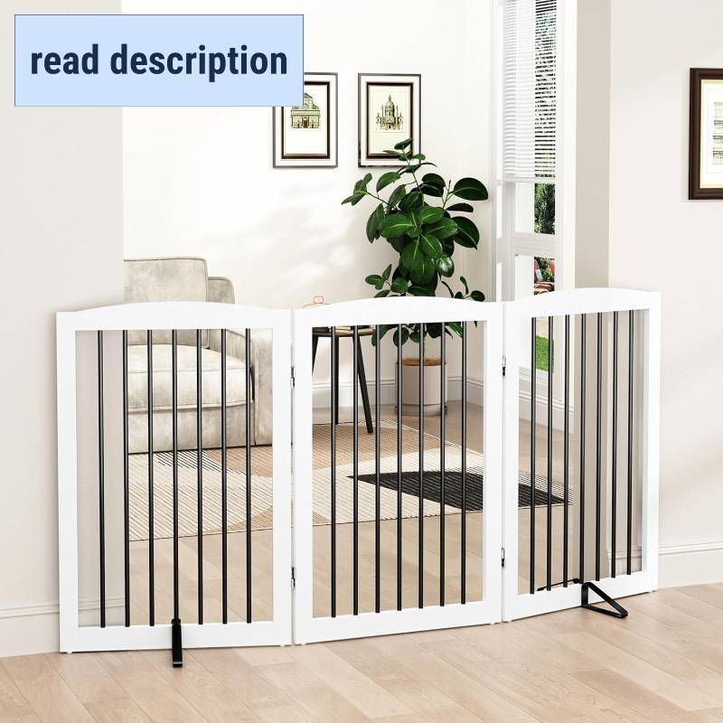 lot 231275 image: Freestanding Pet Gate for Dogs, Foldable Wooden Dog Gate for House Indoor, Tall Pet Fence for Stair, Doorway,Hall, Support Feet Included, 3 Panels 32,White