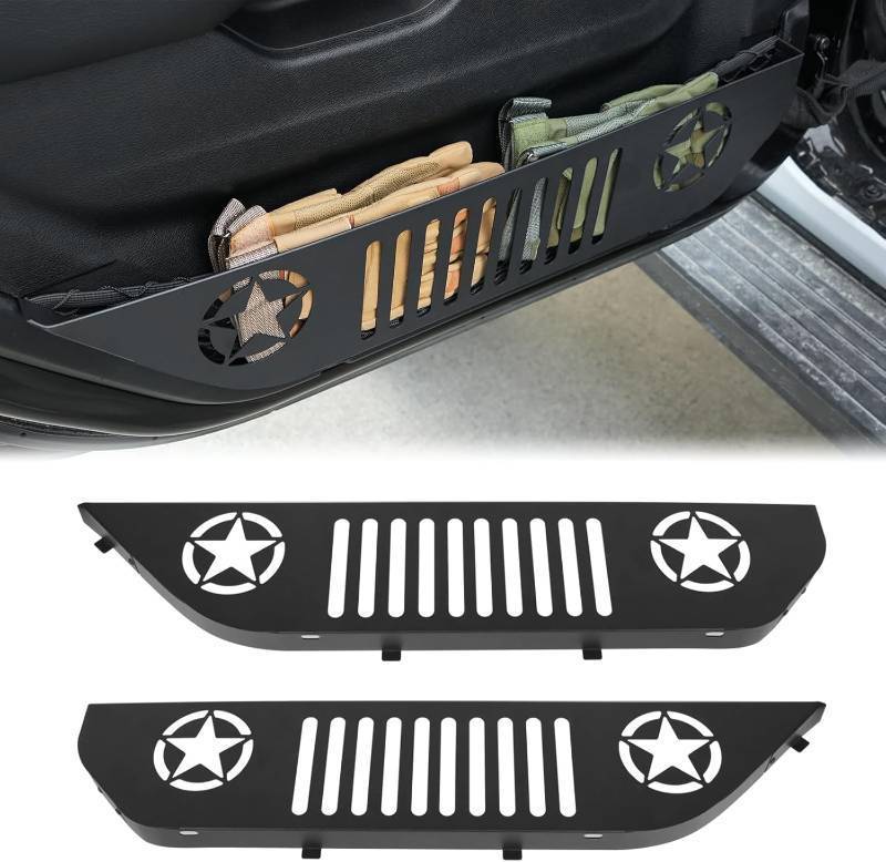 lot 142007 image: FUNY Metal Front Pocket Storage with Cup Holder Compatible with 2018-2025 JL JLU & Gladiator JT, Door Organizer Panel, Matte Black Finish, 2pc