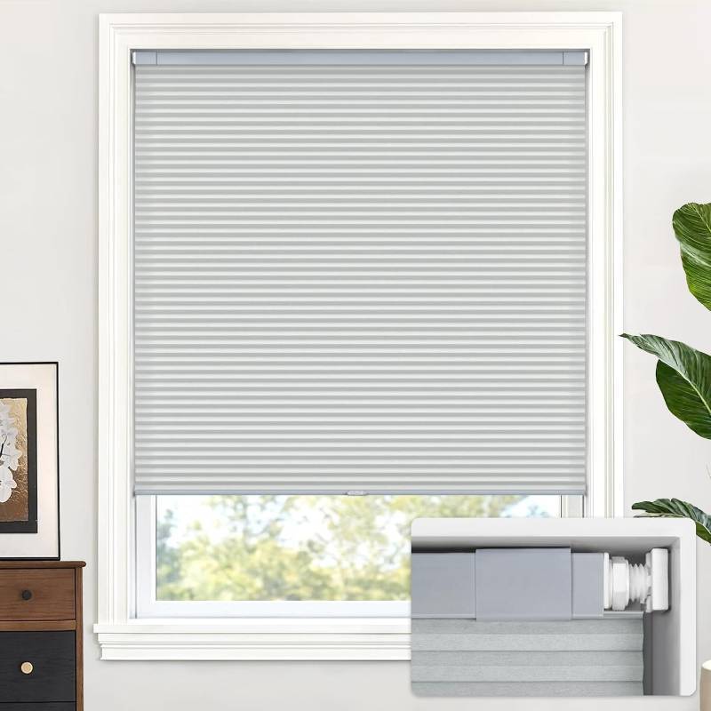lot 241941 image: LazBlinds Cordless Cellular Shades, No Tools No Drill Light Filtering Honeycomb Shades Pleated Blinds for Windows, 34 W x 48 H, Dark Grey