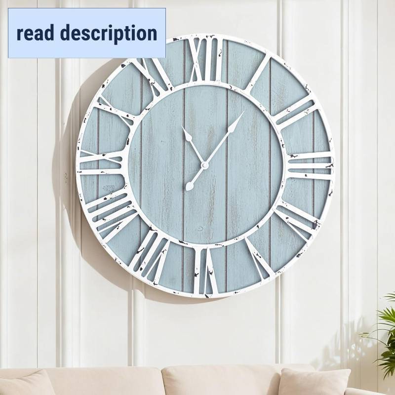 lot 341929 image: Quelay 20 Inch Coastal Wall Clock, Blue Farmhouse Vintage Wooden Clock with Roman Numerals, Quiet Ticking Battery Operated, Rustic Retro Decorative for Living Room Kitchen Office Home Decor